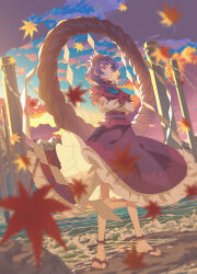 Rule 34 | 1girl, autumn leaves, closed mouth, cloud, commentary request, crossed arms, falling leaves, frilled skirt, frills, full body, gradient sky, hair ornament, highres, jiege, leaf, leaf hair ornament, long sleeves, looking at viewer, maple leaf, medium hair, mountain, ocean, onbashira, outdoors, purple eyes, purple hair, purple shirt, purple skirt, rope, sandals, shide, shimenawa, shirt, skirt, sky, solo, sunset, touhou, water, yasaka kanako, zouri