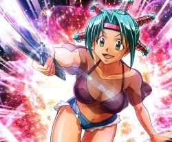 Rule 34 | 1girl, abstract background, breasts, cutoffs, denim, denim shorts, female focus, green eyes, green hair, hunter x hunter, knife, large breasts, legs, matching hair/eyes, medium breasts, menchi (hunter x hunter), midriff, see-through, short hair, short shorts, shorts, smile, solo, weapon