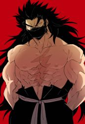 Rule 34 | 1boy, abs, bara, belt, biceps, black eyes, black hair, hakama, hands in pants, japanese clothes, large pectorals, long hair, long sideburns, male focus, manly, mask, mouth mask, muscular, muscular male, nipples, original, pants, pectorals, red background, scar, scar on chest, scar on stomach, sideburns, solo, sugo6969, thick arms, thick eyebrows, topless male, veins, veiny arms