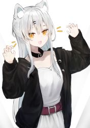 Rule 34 | 1girl, :d, absurdres, animal ear fluff, animal ears, belt, belt collar, cat ears, claw pose, collar, dress, highres, jacket, long hair, long sleeves, open clothes, open jacket, open mouth, orange eyes, original, peno, silver hair, smile