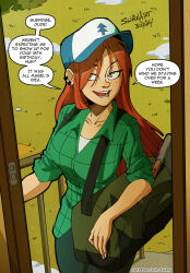 1girl anime_ace_(font) bag blue_hat brown_hair collared_shirt dated duffel_bag earrings english_text grass gravity_falls green_eyes green_shirt hat highres jewelry long_hair open_mouth shirt short_sleeves signature solo speech_bubble swain_(artist) two-tone_hat wendy_corduroy white_hat