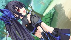 Rule 34 | 1girl, bare shoulders, black hair, breasts, chou megami shinkou noire gekishin black heart, game cg, hair ornament, highres, long hair, looking at viewer, looking back, neptune (series), noire (neptunia), official art, open mouth, red eyes, ribbon, small breasts, smile, solo, standing, tsunako, twintails