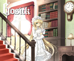 Rule 34 | 1girl, blonde hair, blunt bangs, book, bookshelf, bow, clock, commentary request, copyright name, curtains, day, desk, desk lamp, dress, feet out of frame, frilled curtains, frilled dress, frilled hat, frilled pillow, frills, gosick, green eyes, hanabana tsubomi, hat, hat bow, hime cut, holding, holding pillow, indoors, lace, lace-trimmed dress, lace trim, lamp, layered dress, long dress, long hair, long sleeves, looking at viewer, mob cap, nightcap, nightgown, one eye closed, pillow, railing, red curtains, ribbon, rubbing eyes, sidelocks, sleepwear, sleepy, solo, stairs, standing, too many, too many frills, very long hair, victorica de blois, wall clock, white bow, white dress, white hat, white ribbon, window