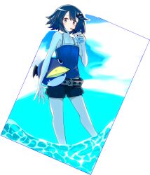 Rule 34 | 1girl, arm at side, armpits, asagiri asagi, ball, bare shoulders, bat wings, beachball, belt, belt buckle, black shorts, blue camisole, blue eyes, blue hair, blue sky, bob cut, breasts, brown belt, buckle, camisole, character print, closed mouth, cloud, cloudy sky, collarbone, commentary, cup, disgaea, disposable cup, drinking, drinking straw, drinking straw in mouth, hair ornament, hairclip, hands up, holding, holding ball, holding cup, light blush, looking at viewer, makai wars, midriff peek, outside border, partially submerged, prinny, raised eyebrows, ribbed camisole, short hair, short shorts, shorts, sky, small breasts, solo, spread fingers, water, waves, white background, wings, x hair ornament, zuea (hitokage76)