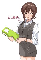 1girl, alternate costume, bangs, blue nails, brown eyes, brown hair, character name, clipboard, commentary, cowboy shot, dress shirt, earrings, emoji, eyebrows visible through hair, formal, girls und panzer, grey skirt, grey vest, highres, holding, holding clipboard, jewelry, looking at viewer, miniskirt, nail polish, nishizumi maho, office lady, open mouth, pencil skirt, shirt, short hair, simple background, skirt, skirt suit, sleeves rolled up, solo, standing, stud earrings, suit, translated, vest, watch, white background, white shirt, wing collar, wristwatch, zono (inokura syuzo029)