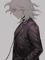 Rule 34 | 1boy, ai (meira32373165), black jacket, brown eyes, chain, chained, closed mouth, danganronpa (series), danganronpa 2: goodbye despair, danganronpa another episode: ultra despair girls, from side, grey background, grey hair, hand in pocket, highres, jacket, komaeda nagito, light smile, long sleeves, male focus, profile, servant (danganronpa), simple background, solo, upper body