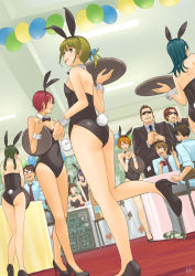 Rule 34 | 5boys, 6+girls, :d, :p, animal ears, arm support, ass, back, bad id, bad pixiv id, balloon, bare arms, bare back, bare legs, bare shoulders, black footwear, black jacket, blazer, blonde hair, blood, blue hair, blue shirt, blunt bangs, blush, bob cut, bow, bowtie, braid, breasts, brown hair, camera, ceiling light, chair, chalkboard, classroom, cleavage, clenched hand, clenched teeth, clock, closed eyes, clover, coftof, covered navel, detached collar, dutch angle, eye contact, fake animal ears, flat ass, formal, from below, gem (symbol), glasses, green hair, grey eyes, hair ribbon, hairband, heart, high heels, holding, holding camera, holding tray, index finger raised, indoors, jacket, legs, leotard, long hair, looking at another, looking at viewer, looking back, multiple boys, multiple girls, nape, necktie, nervous, no socks, nosebleed, one eye closed, open mouth, orange hair, original, pants, playboy bunny, ponytail, purple hair, rabbit ears, rabbit tail, red hair, ribbon, school, school uniform, shirt, shoes, short hair, short ponytail, shy, signature, sitting, small breasts, smile, sneakers, spade, standing, standing on one leg, strapless, striped necktie, striped neckwear, suit, sunglasses, sweatdrop, table, tablecloth, tail, talking, teeth, tongue, tongue out, tray, twin braids, v arms, wink, wrist cuffs, yasawa kichi