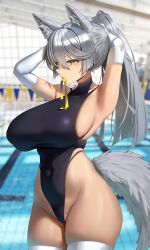 Rule 34 | 1girl, anima (togashi), animal ears, armpits, blush, breasts, competition swimsuit, covered navel, curvy, grey hair, highres, huge breasts, long hair, one-piece swimsuit, open mouth, original, ponytail, ribbon, sideboob, slit pupils, solo, swimsuit, tail, thick thighs, thighhighs, thighs, yellow eyes