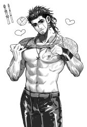 Rule 34 | 1boy, abs, bara, bare pectorals, beard, chest tattoo, clothes lift, facial hair, feet out of frame, final fantasy, final fantasy xv, gladiolus amicitia, greyscale, hair slicked back, head tilt, heart, in higashiyama, jewelry, leather, leather pants, long sideburns, male focus, mature male, medium hair, monochrome, muscular, muscular male, navel, necklace, nipples, pants, pectorals, scar, scar across eye, scar on face, shirt lift, sideburns, smile, solo, stomach, stubble, tank top, tattoo, undercut, white background