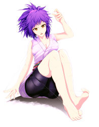 Rule 34 | 1girl, barefoot, between toes, bike shorts, breasts, cleavage, feet, female focus, full body, highres, hunter x hunter, infinote, machi komacine, open mouth, ponytail, purple hair, solo, toes, white background, yellow eyes