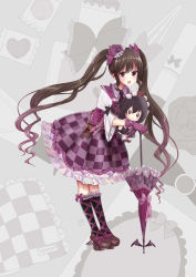 Rule 34 | 1girl, absurdres, black socks, bow, brown footwear, brown hair, character doll, character name, checkered clothes, checkered skirt, commentary request, doll, frills, gloves, grey background, hair bow, highres, himekaidou hatate, holding, holding doll, kneehighs, leaning forward, looking at viewer, necktie, open mouth, petticoat, puffy short sleeves, puffy sleeves, purple bow, purple eyes, purple gloves, purple skirt, sei ichi (shiratamamikan), shameimaru aya, shirt, shoes, short sleeves, skirt, smile, socks, solo, touhou, twintails, umbrella, white shirt