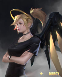 Rule 34 | 1girl, alternate wing color, backlighting, black choker, black shirt, black wings, blonde hair, blue eyes, breasts, casual, character name, choker, chromatic aberration, collarbone, copyright name, crossed arms, dark background, dark persona, earrings, eyeliner, eyeshadow, from side, glowing, glowing wings, grey background, hair tie, halo, high ponytail, highres, jewelry, lipstick, logo, looking at viewer, makeup, mechanical halo, medium breasts, mercy (overwatch), necklace, nose, overwatch, overwatch 1, parted lips, pink lips, realistic, ring, shirt, short hair, short sleeves, smile, smirk, solo, stud earrings, t-shirt, upper body, watch, wings, yellow wings, yi sui