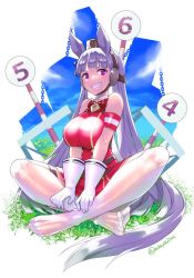 Rule 34 | 1girl, akaza, animal ears, belt, blue sky, blunt bangs, blush, breasts, clenched teeth, commentary request, crossed legs, dress, gloves, gold ship (umamusume), grass, hands on legs, highres, horse ears, horse girl, horse tail, indian style, large breasts, legs, light purple hair, long hair, looking at viewer, no shoes, pantyhose, purple eyes, red dress, shiny clothes, short dress, sitting, sky, sleeveless, sleeveless dress, smile, solo, tail, teeth, thigh strap, thighhighs, toes, twitter username, umamusume, very long hair, white gloves, white pantyhose, white thighhighs, zettai ryouiki