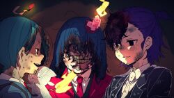 Rule 34 | 1girl, 2boys, black jacket, black vest, blue hair, blue jacket, collared shirt, commentary request, employee (project moon), ganeshia, grin, highres, jacket, lobotomy corporation, long hair, multiple boys, necktie, open clothes, open jacket, open mouth, project moon, red jacket, red necktie, scorched girl, scratches, shirt, short hair, smile, sweat, torn mask, vest, white necktie, white shirt