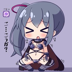 Rule 34 | &gt; &lt;, 1girl, :o, armor, armored boots, arrow (symbol), bikini armor, blush, boots, breasts, brown cape, cape, chibi, cleavage, closed eyes, facing viewer, full body, gluteal fold, grey hair, hair between eyes, hair ribbon, hana kazari, hannen hiroe, kirara fantasia, long hair, medium breasts, navel, open mouth, pauldrons, purple armor, purple background, red ribbon, ribbon, shoulder armor, side ponytail, slow start, solo, spread legs, squatting, thigh boots, thighhighs, translation request, very long hair