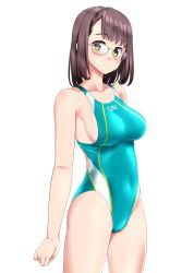 Rule 34 | 1girl, absurdres, aqua one-piece swimsuit, breasts, brown hair, clenched hand, commentary request, competition swimsuit, covered navel, cowboy shot, glasses, highres, indoors, medium breasts, multicolored clothes, multicolored swimsuit, one-piece swimsuit, original, short hair, simple background, solo, swimsuit, takafumi, white background, yellow eyes