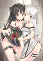 Rule 34 | 2girls, :o, :p, ass, bare shoulders, black dress, black eyes, black hair, black vs white, blush, breasts, choker, cleavage, collarbone, day, dress, flower, frills, grey hair, hair ornament, hands up, highres, holding, holding flower, long hair, looking at viewer, looking back, moe2020, multiple girls, off-shoulder dress, off shoulder, open mouth, original, parufeito, pulling own clothes, pulling another&#039;s clothes, red eyes, small breasts, smile, thigh strap, thighs, tongue, tongue out, white dress, yuri