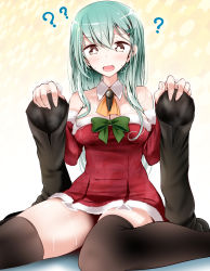 Rule 34 | 10s, 1girl, :o, aqua hair, arm warmers, ascot, bad id, bad pixiv id, bare shoulders, black footwear, black thighhighs, blush, boots, unworn boots, bow, breasts, bright pupils, brown eyes, christmas tree hair ornament, cleavage, collarbone, commentary request, detached collar, dress, fur trim, gradient background, green bow, hair between eyes, hair ornament, hairclip, highres, holding, kantai collection, long hair, looking at viewer, looking down, medium breasts, oouso, open mouth, red dress, shiny skin, sitting, solo, spread legs, straight hair, strapless, strapless dress, suzuya (kancolle), sweat, thigh boots, thighhighs, wariza, white pupils, wing collar, zettai ryouiki