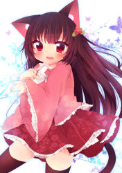 Rule 34 | 1girl, abandon ranka, animal ears, bad id, bad pixiv id, blush, bow, brown hair, brown thighhighs, bug, butterfly, cat ears, cat girl, cat tail, cherry blossoms, female focus, floral print, flower, hair flower, hair ornament, houraisan kaguya, insect, kemonomimi mode, long hair, open mouth, red eyes, shirt, skirt, solo, tail, thighhighs, touhou, twig, zettai ryouiki