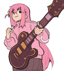 Rule 34 | 1girl, antenna hair, bocchi the rock!, brown skirt, cowboy shot, cube hair ornament, eduedude, electric guitar, gotoh hitori, guitar, hair ornament, highres, holding, holding instrument, instrument, jersey, long hair, looking at viewer, pink hair, pleated skirt, sidelocks, simple background, skirt, smile, solo, white background