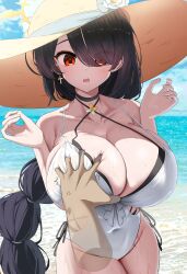 Rule 34 | 1girl, absurdly long hair, absurdres, blue archive, breasts, grabbing, grabbing another&#039;s breast, highres, hinata (blue archive), hinata (swimsuit) (blue archive), huge breasts, long hair, nicorima, red eyes, swimsuit, very long hair