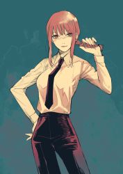 Rule 34 | 1girl, absurdres, aosadaa, arm up, black necktie, black pants, blue background, braid, braided ponytail, breasts, brown eyes, brown hair, business suit, chainsaw man, collared shirt, formal, hand on own hip, high-waist pants, highres, light smile, looking at viewer, makima (chainsaw man), medium breasts, medium hair, necktie, neckwear request, pants, ringed eyes, shirt, shirt tucked in, simple background, smile, solo, suit, white shirt