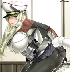 Rule 34 | 1girl, anchor, ass, belt, black gloves, black pants, blonde hair, blue eyes, blush, breasts, capelet, clothes lift, covered erect nipples, from behind, from below, gloves, graf zeppelin (kancolle), grey jacket, hair between eyes, hat, highres, huge breasts, impossible clothes, indoors, jacket, kantai collection, latex, long hair, long sleeves, looking at viewer, looking back, looking down, nipples, open mouth, pants, pantyhose, peaked cap, pleated skirt, saizu nitou gunsou, shiny clothes, sidelocks, skin tight, skirt, skirt lift, smile, solo, twintails, twitter username, white cap, white hat