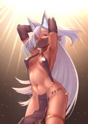Rule 34 | 1girl, animal ear fluff, animal ears, armpits, arms behind head, arms up, artist request, bare shoulders, bikini, bikini bottom only, black bikini, breasts, brooch, choko (hrodvitnir), closed mouth, collar, colored eyelashes, commission, cowboy shot, dancer, dark skin, detached sleeves, extra ears, glint, half-closed eyes, halterneck, highres, jewelry, long hair, looking at viewer, medium breasts, mouth veil, naughty face, navel, one side up, original, pelvic curtain, pointy ears, red eyes, revealing clothes, second-party source, see-through, smile, solo, standing, stomach, string bikini, swimsuit, thighlet, thighs, veil, very long hair, white hair, wolf ears