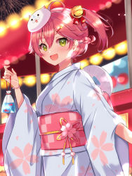 Rule 34 | 1girl, ahoge, alternate costume, backlighting, bag, bagged fish, bell, blue kimono, blush, bow, bracelet, braid, commentary request, cowboy shot, festival, fireworks, fish, floral print, flower, from side, green eyes, hair bell, hair bow, hair ornament, hairclip, hand fan, highres, holding, hololive, japanese clothes, jewelry, jingle bell, kimono, long sleeves, looking at viewer, looking to the side, mask, mask on head, mi taro333, night, obi, one side up, outdoors, paper fan, pink flower, print kimono, red bow, ribbon, sakura miko, sash, solo, uchiwa, virtual youtuber, wide sleeves, yellow ribbon, yukata