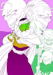 Rule 34 | 6+boys, age difference, alien, antennae, artist request, cape, colored skin, crossed arms, dende, dragon ball, dual persona, fangs, father and son, green skin, highres, kami-sama, male focus, moori (dragon ball), multiple boys, neil, piccolo, piccolo daimaou, pointy ears, serious, smile, turban