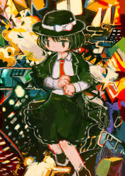 Rule 34 | 1girl, abstract background, black capelet, black eyes, black footwear, black hair, black hat, black skirt, bow, capelet, expressionless, fedora, hat, hat ribbon, hito (nito563), long sleeves, necktie, red necktie, ribbon, shoes, short hair, skirt, solo, touhou, usami renko, white bow, white ribbon