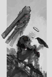 Rule 34 | 1other, 621 (armored core 6), animal, armored core, armored core 6, bandaged head, bandages, bird, covered mouth, crow, full body, greyscale, halo, highres, jacket, knee pads, knees up, long sleeves, monochrome, pants, sitting, soldalepaz11, solo, spot color, vest