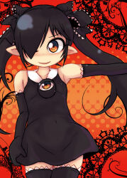 Rule 34 | 1girl, backbeako (torotei), backbeard, black dress, black gloves, black hair, black ribbon, black thighhighs, blush, commentary request, covered navel, dress, elbow gloves, gegege no kitarou, gloves, hair over one eye, hair ribbon, long hair, looking at viewer, one eye closed, original, outstretched arm, parted lips, partial commentary, pointy ears, red eyes, ribbon, ringed eyes, simple background, skirt hold, sleeveless, sleeveless dress, smile, solo, straight-on, thighhighs, torotei, twintails