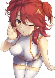 Rule 34 | 1girl, ;o, bare shoulders, bike shorts, blowing kiss, breasts, freckles, gundam, gundam 00, large breasts, leaning forward, looking at viewer, midriff, navel, nena trinity, one eye closed, pinta (ayashii bochi), red hair, simple background, solo, thighhighs, two side up, white background, white thighhighs, yellow eyes