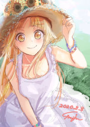 Rule 34 | 1girl, absurdres, arm up, bang dream!, bare shoulders, blonde hair, bracelet, breasts, brown eyes, brown hat, closed mouth, commentary request, dated, dress, flower, grass, gurifu, hand on headwear, hat, hat flower, highres, jewelry, long hair, medium breasts, on grass, parted bangs, signature, sleeveless, sleeveless dress, smile, solo, straw hat, sunflower, tsurumaki kokoro, very long hair, white dress, yellow flower