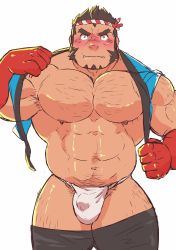 Rule 34 | 1boy, abs, bara, bare pectorals, blush, bulge, chest hair, cowboy shot, embarrassed, fundoshi, hachimaki, hairy, happi, headband, highres, japanese clothes, large pectorals, leg hair, long sideburns, looking at viewer, male focus, mature male, muscular, muscular male, navel, navel hair, nejiri hachimaki, nipples, pectorals, short hair, sideburns, solo, stomach, tajikarao (housamo), thick eyebrows, thick thighs, thighhighs, thighs, tokyo houkago summoners, tusks, undressing, yasa gori