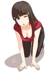 Rule 34 | 10s, 1girl, absurdres, all fours, artist name, black hair, blouse, blunt bangs, blush, breasts, cleavage, downblouse, full body, green eyes, hanging breasts, highres, kaya (yoshina9), kurosawa dia, large breasts, long hair, looking at viewer, love live!, love live! sunshine!!, mole, mole under mouth, no bra, one eye closed, open mouth, red shirt, shadow, shirt, signature, simple background, solo, white background