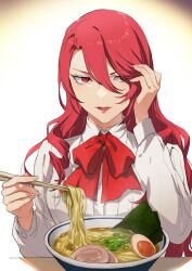 Rule 34 | 1girl, bowl, chopsticks, collared shirt, commentary request, food, grin, holding, holding chopsticks, isa (peien516), kirijou mitsuru, lips, long hair, long sleeves, looking at viewer, neck ribbon, noodles, parted lips, persona, persona 3, ramen, red eyes, red hair, red lips, red ribbon, ribbon, shirt, smile, solo, table, wavy hair, white shirt
