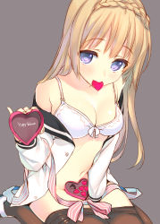 Rule 34 | 1girl, between thighs, blonde hair, blush, bra, braid, breasts, brown pantyhose, cleavage, clothes pull, crown braid, grey background, heart, medium breasts, mouth hold, navel, no panties, off shoulder, pantyhose, pantyhose pull, purple eyes, ribbon, sailor collar, sailor shirt, shirt, simple background, sitting, solo, stomach, tatami to hinoki, underwear, valentine, wariza, white bra