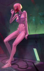 Rule 34 | 1girl, absurdres, blonde hair, blue nipples, bob cut, breasts, cigarette, colored nipples, completely nude, cool4noodle, cyberpunk (series), cyberpunk edgerunners, female pubic hair, highres, holding, holding cigarette, indoors, kiwi (cyberpunk), mask, mechanical parts, medium breasts, mouth mask, nipples, nude, pink eyes, pubic hair, puddle, short hair, sitting, smoke, spider web print, water, wet