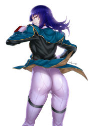 Rule 34 | 1girl, artist name, ass, bodysuit, florence kirishima, from behind, grin, gundam, hamushima, jacket, long hair, looking at viewer, looking back, matching hair/eyes, messy hair, purple bodysuit, purple eyes, purple hair, sd gundam, sd gundam g-generation, shiny clothes, shirt, simple background, skin tight, smile, solo, taut clothes, taut shirt, white background