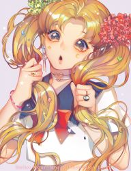 Rule 34 | 1girl, :d, artist name, bishoujo senshi sailor moon, blonde hair, bow, bracelet, choker, close-up, crescent, earrings, facial mark, hair ornament, heart, heart choker, highres, holding, holding hair, jewelry, lipstick, long hair, makeup, making-of available, multicolored eyes, open mouth, parted bangs, purii, purple background, red bow, ring, school uniform, serafuku, smile, solo, tsukino usagi, twintails, very long hair, watermark
