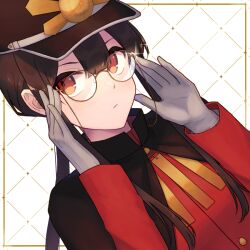 Rule 34 | 1boy, black hair, cape, crest, family crest, fate/grand order, fate (series), glasses, gloves, hat, long hair, long sleeves, oda nobukatsu (fate), peaked cap, red eyes, red shirt, shirt, simple background, solo, very long hair, white gloves, yzrh0