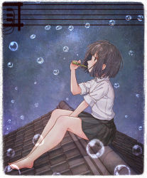 Rule 34 | 1girl, absurdres, bad id, bad pixiv id, barefoot, black hair, black skirt, brown eyes, bubble, blowing bubbles, collared shirt, from side, highres, huge filesize, looking away, night, night sky, original, outdoors, rooftop, school uniform, shirt, short sleeves, sitting, skirt, sky, sleeves rolled up, solo, star (sky), starry sky, tanbonota46