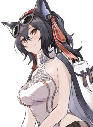 Rule 34 | 1girl, animal ears, bare shoulders, belt, black hair, blush, breasts, cape, cleavage, closed mouth, collarbone, ear piercing, erune, eyewear on head, flower, granblue fantasy, hair between eyes, hair flower, hair ornament, hair ribbon, halterneck, ilsa34660285, jewelry, large breasts, long hair, looking at viewer, one-piece swimsuit, piercing, ponytail, red eyes, red ribbon, ribbon, shuucream (syuichi), simple background, smile, solo, sunglasses, swimsuit, white background, white one-piece swimsuit