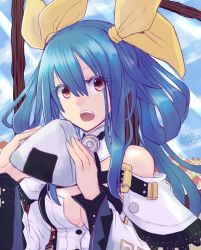 Rule 34 | 1girl, arc system works, bare shoulders, blue hair, blue sky, breasts, cleavage, dated, detached collar, detached sleeves, dizzy (guilty gear), food, guilty gear, guilty gear xrd, hair between eyes, hair ribbon, hair rings, highres, holding, holding food, house, long hair, looking at viewer, mariebell, mature female, medium breasts, onigiri, red eyes, ribbon, sidelocks, signature, sky, solo, window, yellow ribbon
