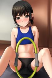 Rule 34 | 1girl, absurdres, bike shorts, black hair, black shorts, blue bra, blue hair, blurry, blurry background, blush, bra, brown eyes, closed mouth, commentary request, depth of field, exercising, full-face blush, gym shorts, hair ribbon, highres, indoors, looking at viewer, matsunaga kouyou, on floor, original, red ribbon, ribbon, short hair, shorts, sitting, solo, sports bra, sportswear, spread legs, standing, thighs, underwear