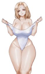 Rule 34 | 1girl, absurdres, bare shoulders, blonde hair, breasts, brown eyes, cleavage, clothes pull, covered erect nipples, forehead jewel, highres, huge breasts, inovy, large breasts, lips, mature female, naruto, naruto (series), one-piece swimsuit, one-piece swimsuit pull, solo, swimsuit, thick thighs, thighs, tsunade (naruto), white background, white one-piece swimsuit, wide hips