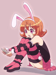 Rule 34 | 1girl, animal ears, bare shoulders, brown hair, cellphone, hunter x hunter, nurutema, open mouth, phone, piyon (hunter x hunter), purple eyes, rabbit ears, rabbit tail, short hair, skirt, solo, striped clothes, striped thighhighs, tail, thighhighs
