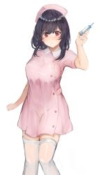 Rule 34 | 1girl, alternate costume, bad id, bad twitter id, black hair, cowboy shot, dress, hat, highres, kantai collection, knees together feet apart, legs together, looking at viewer, miyako (rgrayt), nurse, nurse cap, pink dress, red eyes, short hair, simple background, solo, standing, syringe, thighhighs, white background, white thighhighs, yamashiro (kancolle)